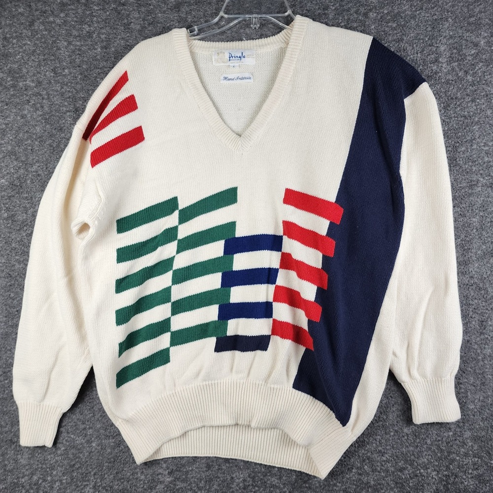 Pringle of Scotland Sweater Mens L Cream Vintage 80s Hand Intarsia Cotton V-Neck